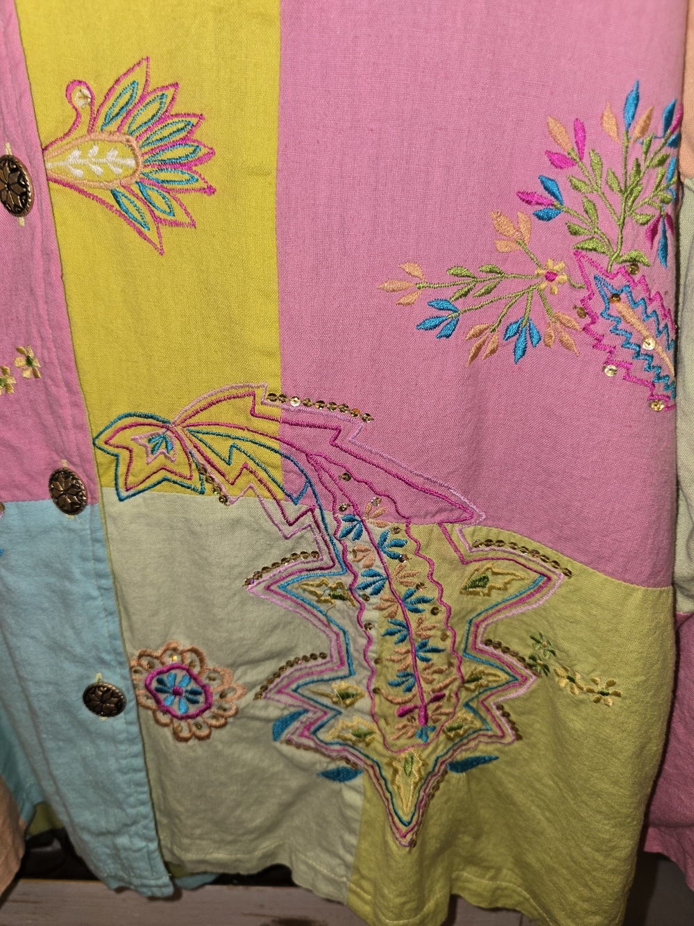 Indigo Moon Pastel Patchwork Embroidered Button Front Jacket - Picture 2 of 14